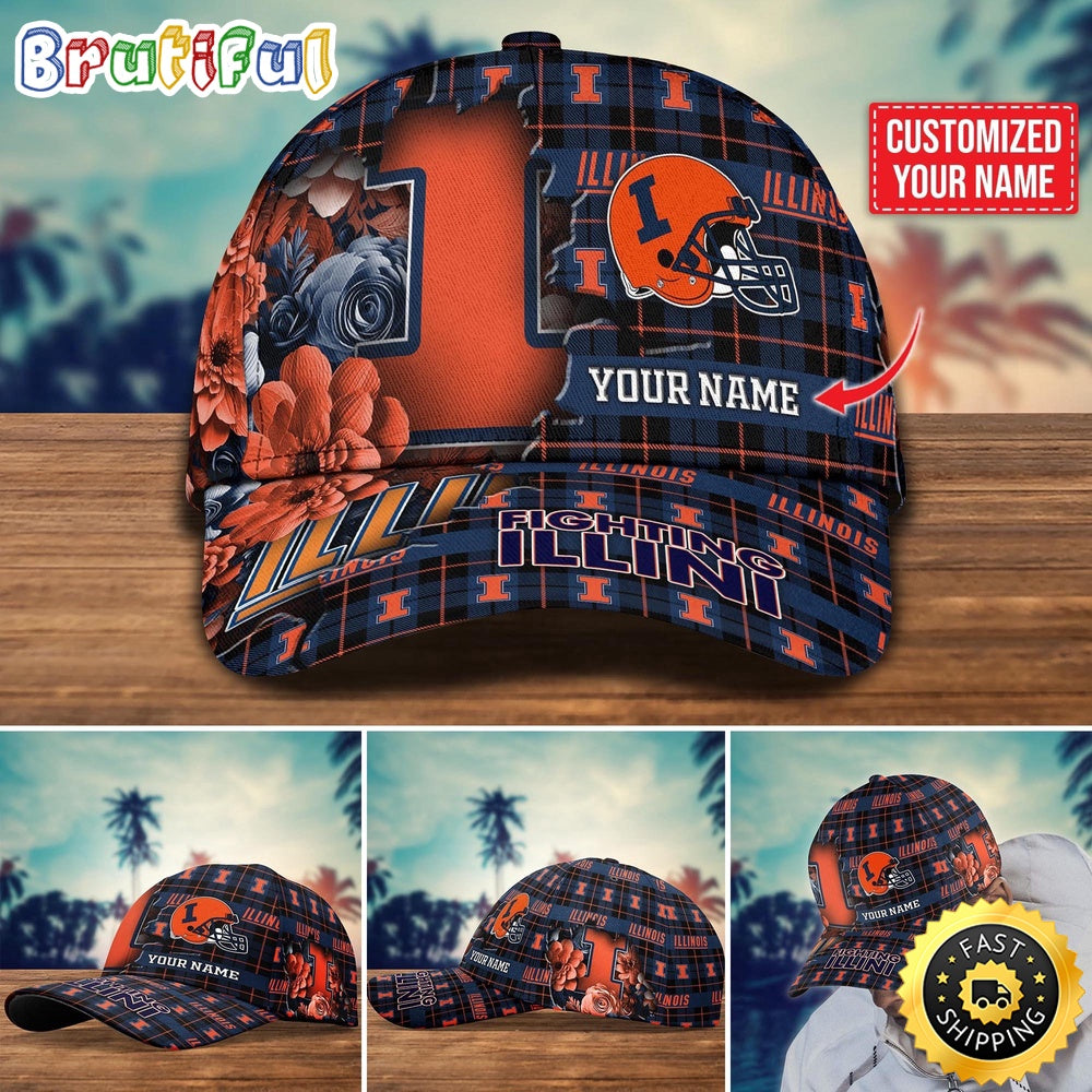 Ncaa Illinois Fighting Illini Baseball Cap Flower Custom Name Cap