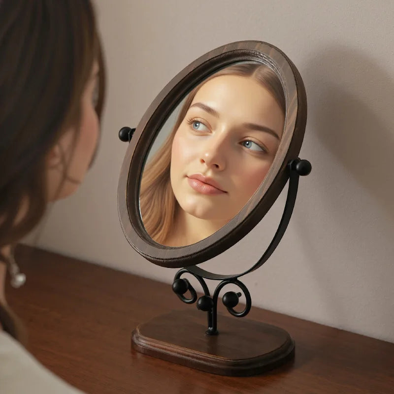 Light luxury retro makeup mirror, oval mirror, high-definition dormitory dressing mirror, adjustable rotating mirror