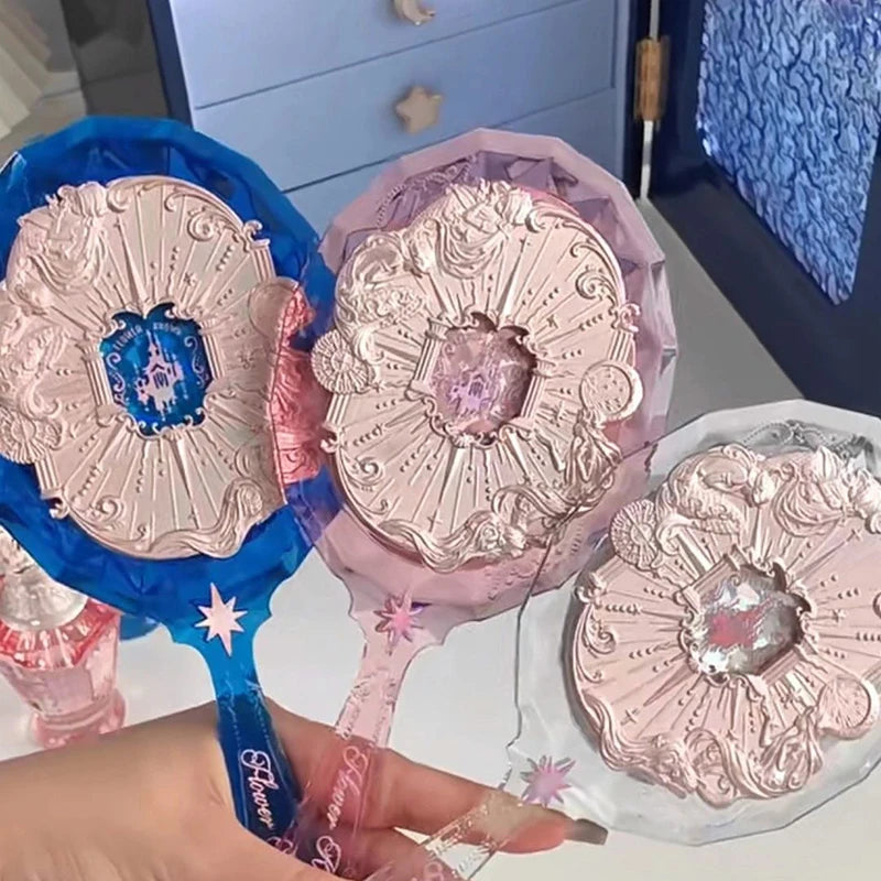 Flower Knows Moonlight Mermaid Exquisite Textured Crystal Hand Mirror Blue Pink Ladies Makeup Mirror