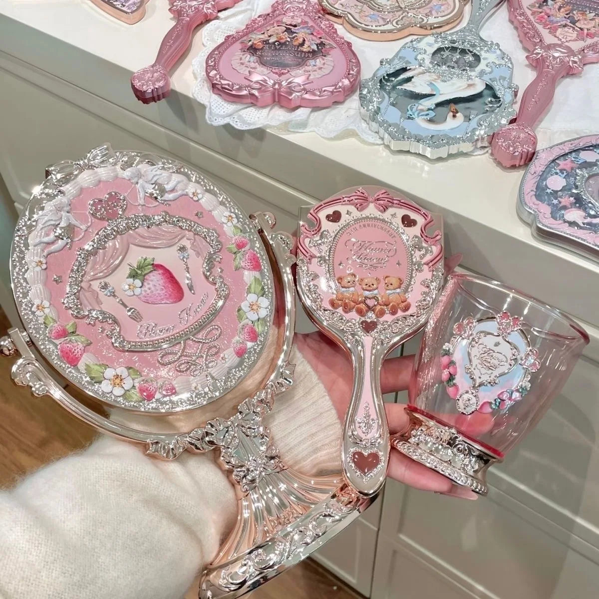 Flower Knows 9th Anniversary Set Desktop Mirror Air Cushion Comb Brush Bucket 3pcs Makeup Tool Kit