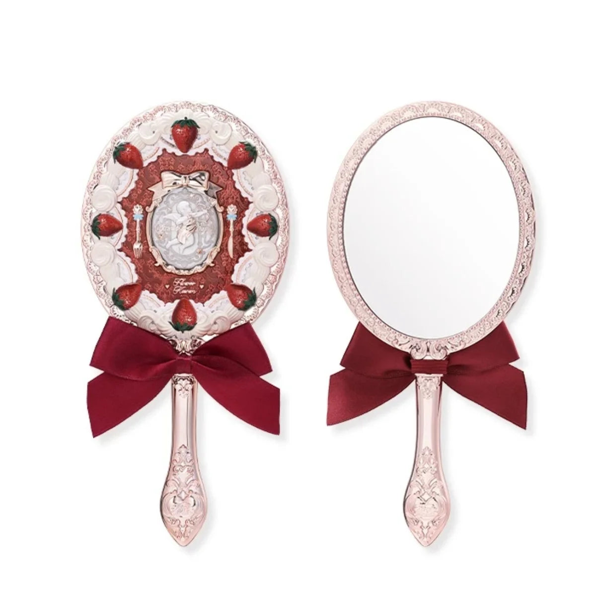 Flower Knows Strawberry Cupid Collection Hand Mirror Exquisite Textured Hand Mirror Red Pink Ladies Makeup Tools