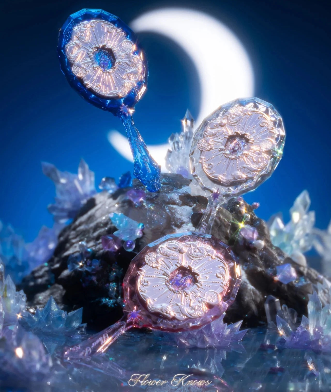 Flower Knows Crystal Mirror Moonlight Mermaid Exquisite Textured Hand Mirror Blue Pink Ladies Makeup Tools