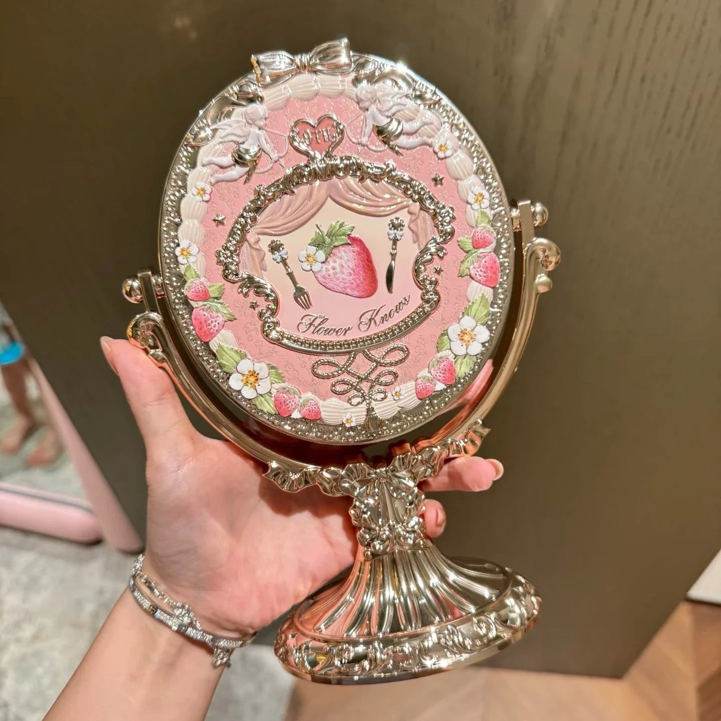 Flower Knows 9th Anniversary Set Desktop Mirror Air Cushion Comb Brush Bucket 3pcs Makeup Tool Kit