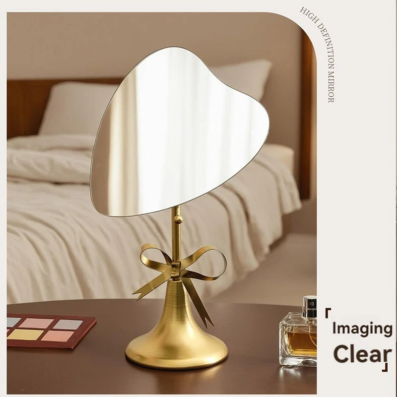 Metal Home Makeup Mirror Household Freestanding Dressing Mirror with Simple Decor for Dormitory, Heart-Shaped Mirror Ornament